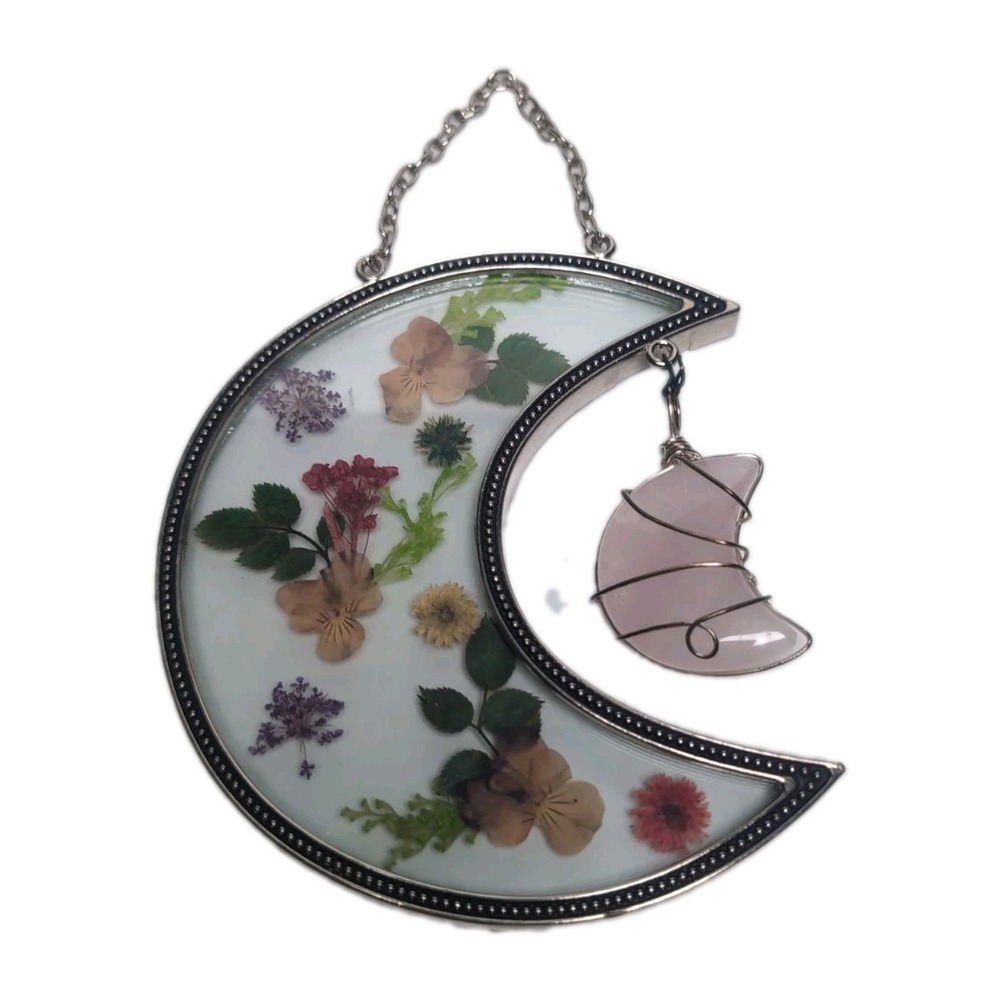 Vintage Dried Pressed Flowers Glass Metal half Moon Frame Hanging W/Rose Quartz - Picture 1 of 13